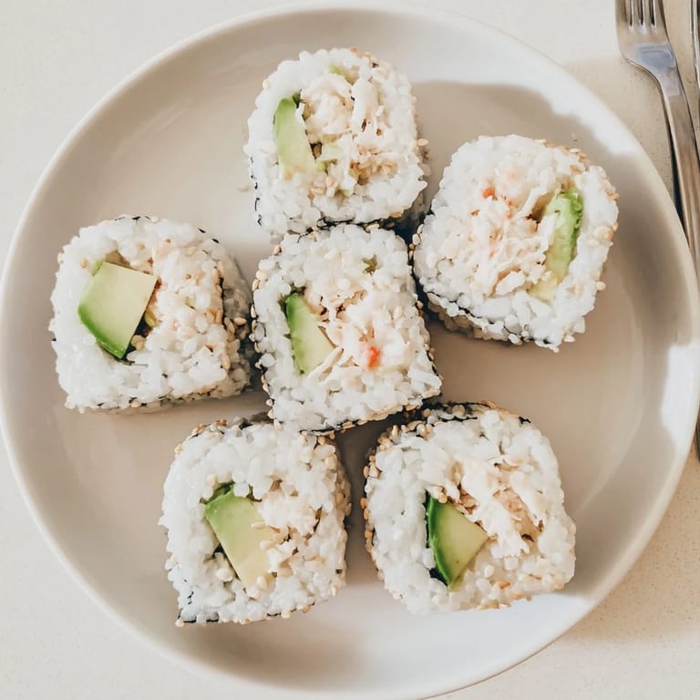 Close-up of a beautifully assembled California roll, showcasing the creamy filling and sesame seeds.