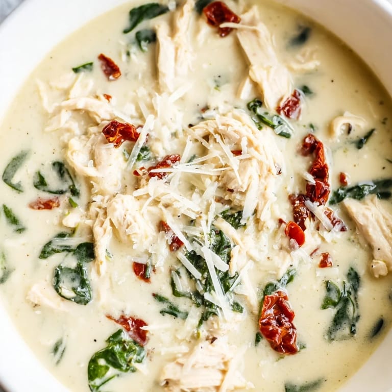 Deliciously rich Creamy Tuscan Chicken Soup, perfect with crusty bread for a hearty meal.