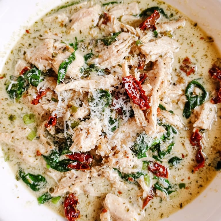 Savor this easy Creamy Tuscan Chicken Soup with its savory herbs and velvety texture.