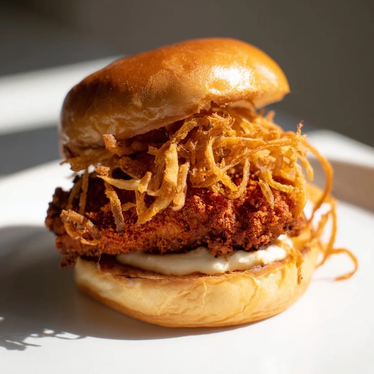 Buttermilk-marinated chicken sandwich topped with creamy garlic aioli and crunchy onions.  