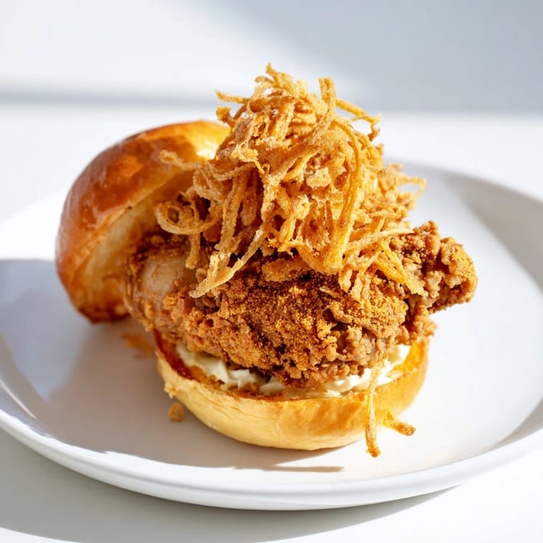 A toasted brioche bun holding juicy fried chicken and crispy onions, served with lettuce.