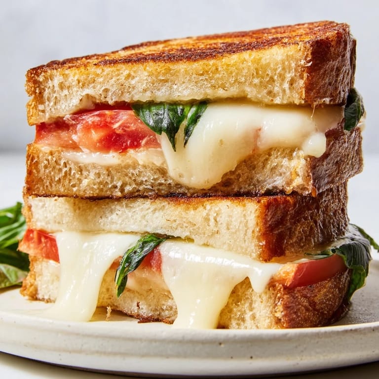 Close-up of a tomato basil grilled cheese sandwich, crispy crust with oozing mozzarella and vibrant red tomato slices.  