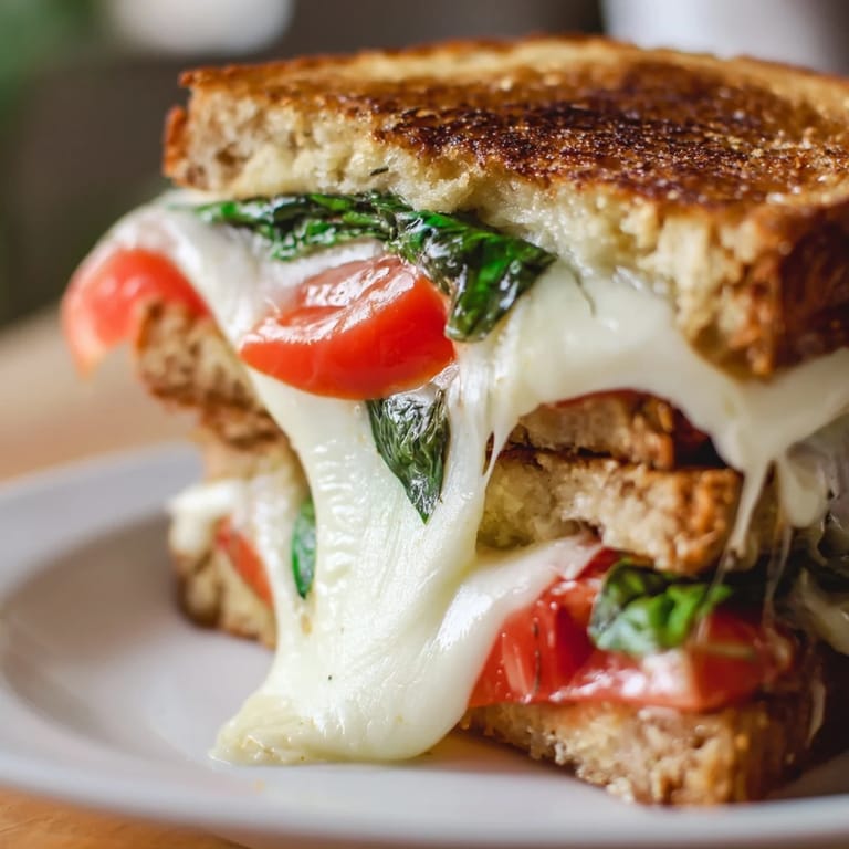 A perfectly toasted tomato basil grilled cheese is cut diagonally, revealing layers of juicy tomato and fragrant basil.
