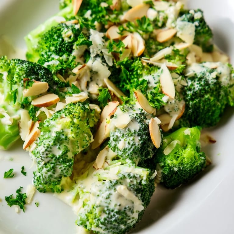 An overhead view of a serving of Garlic Parmesan Broccoli Salad, highlighting the creamy garlic-Parmesan coating and crunchy toasted almonds, ready as a side or light lunch.