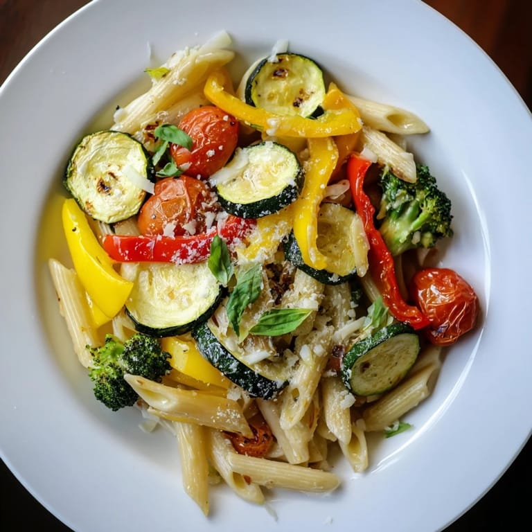 A skillet of freshly tossed Pasta Primavera with al dente penne, colorful roasted vegetables, and steam rising, ready to be served with a lemon wedge.