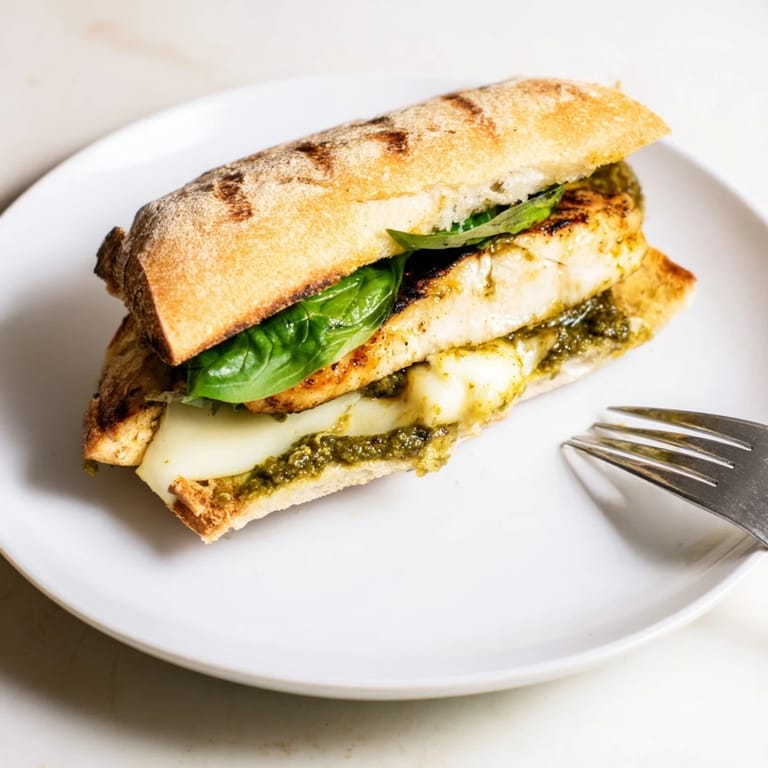 Fresh basil leaves and sliced tomatoes garnish the hearty Pesto Chicken Melt sandwich.  