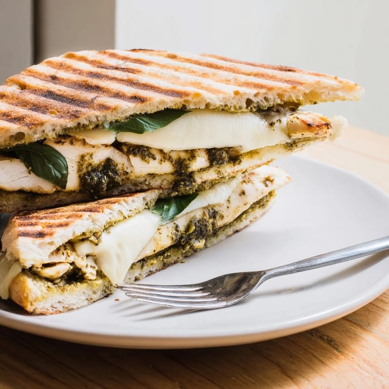 Savory Italian-American Pesto Chicken Melt served hot with melty cheese and toasted bread.