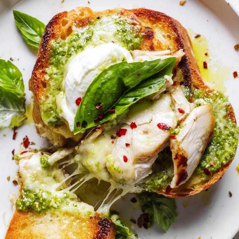 Savory Pesto Chicken Burrata Toast features juicy chicken, melted burrata, and aromatic pesto on crisp bread.