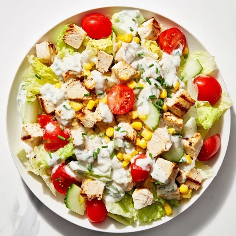 Vibrant bowl of Ranch Chicken Chopped Salad featuring juicy tomatoes, cool cucumber, and herbs tossed in tangy ranch dressing.