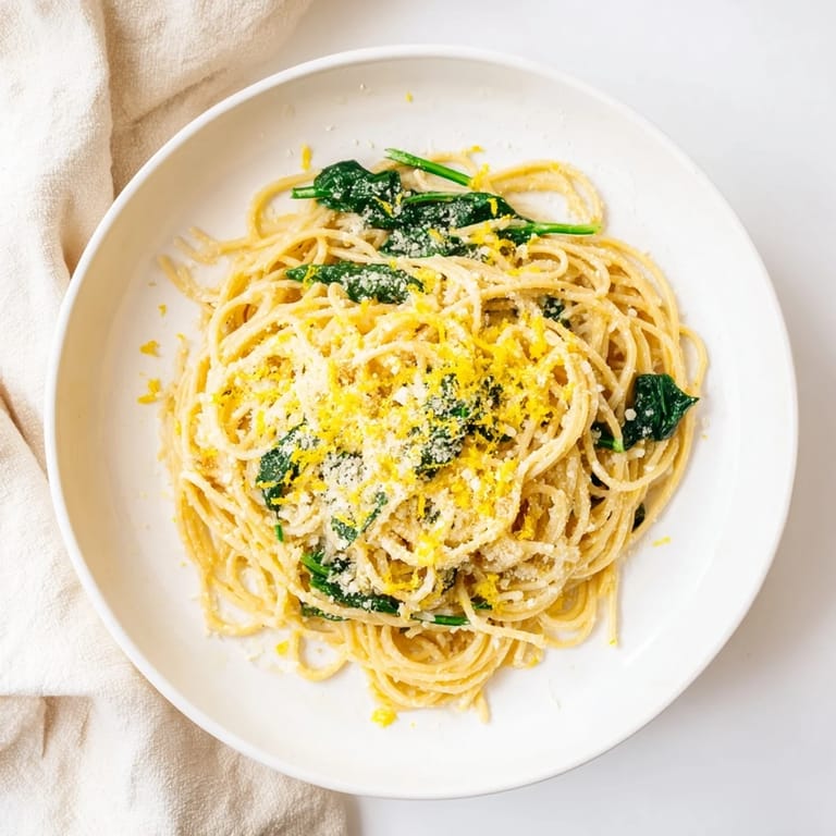 Delicate strands of Creamy Lemon Spinach Spaghetti twirled on a fork next to a glass of white wine.