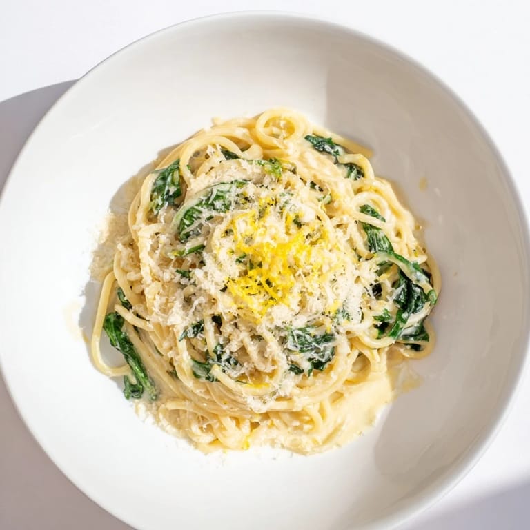 Fresh baby spinach and bright lemon zest add vibrant color to a plate of Creamy Lemon Spinach Spaghetti.