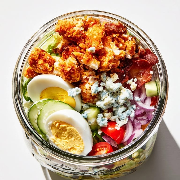 A portable Crispy Chicken Cobb Jar Salad with smoky bacon, hard-boiled egg, and vibrant cherry tomatoes in a mason jar.