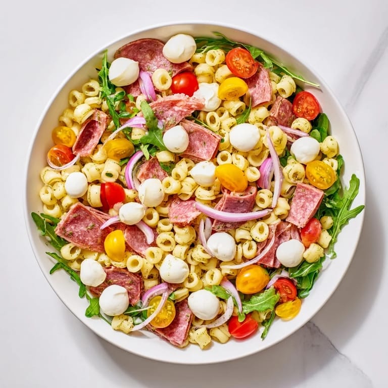 Hearty Spring Antipasto Pasta Salad served chilled, perfect for spring gatherings with a tangy dressing and a mix of Italian-American flavors.