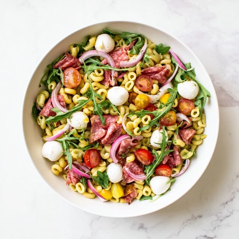 Bright Spring Antipasto Pasta Salad features colorful pickled vegetables, cherry tomatoes, and red onion tossed with savory salami and creamy cheese.  