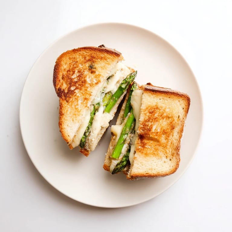 Close-up of Asparagus & Brie grilled cheese, showing tender green spears and gooey cheese inside golden crust.