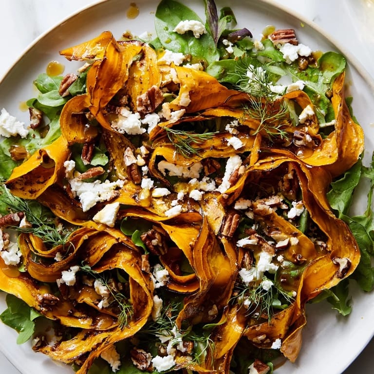 A vibrant Roasted Carrot Ribbon Salad with tender, caramelized carrot curls, fresh arugula, and a tangy homemade vinaigrette ready to serve.