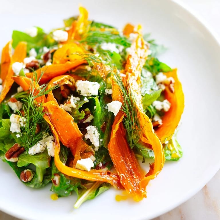 Close-up of a bowl of Roasted Carrot Ribbon Salad, highlighting the glossy carrots, crumbled feta, and toasted nuts against the green spinach.