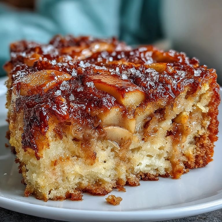 Overhead view of a casserole-style Baked Apple Cake with cinnamon sugar sprinkled on top, ready to be cut into servings.