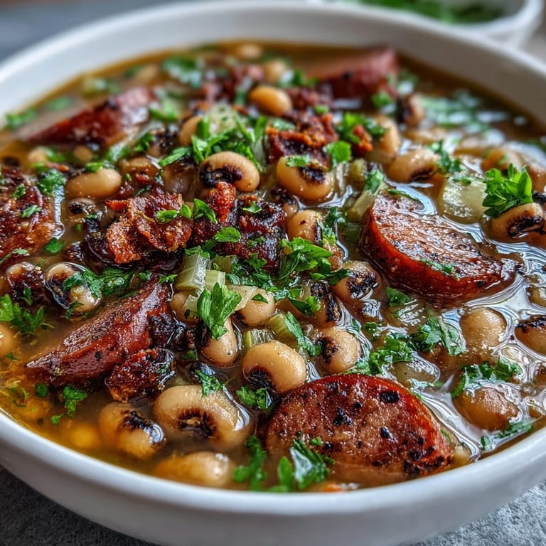 Close-up of a hearty black-eyed peas recipe garnished with fresh parsley and served with a dash of hot sauce.