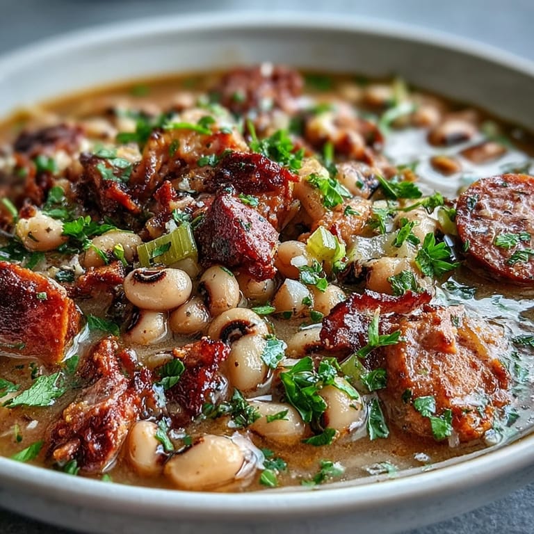 A rustic bowl of Southern black-eyed peas, served with cornbread and collard greens, showcasing a comforting New Year's tradition.