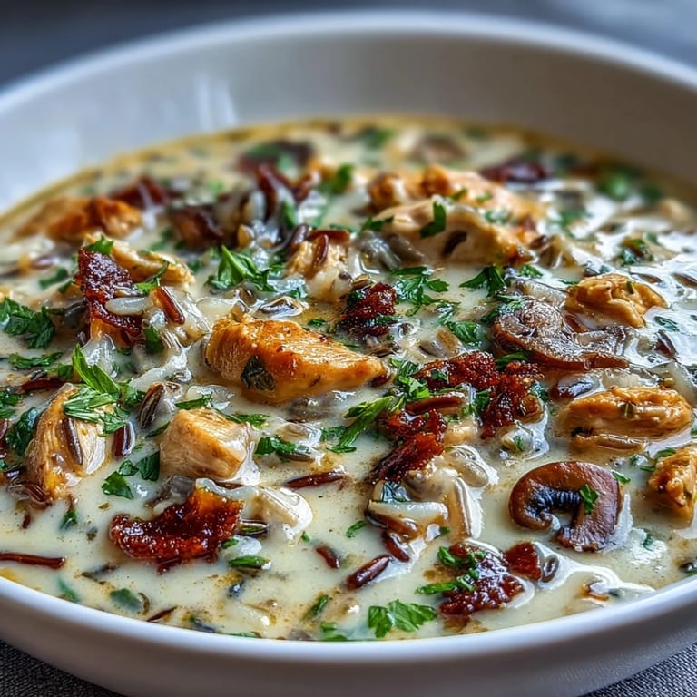 A close-up of creamy Parmesan Mushroom Chicken and Wild Rice Soup garnished with fresh parsley.