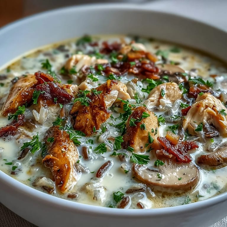 Steaming bowl of Parmesan Mushroom Chicken and Wild Rice Soup served with crusty bread.