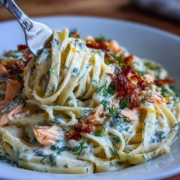 Creamy salmon pasta twirled in fettuccine, garnished with parsley and lemon zest, next to a glass of crisp white wine on a sunny table.