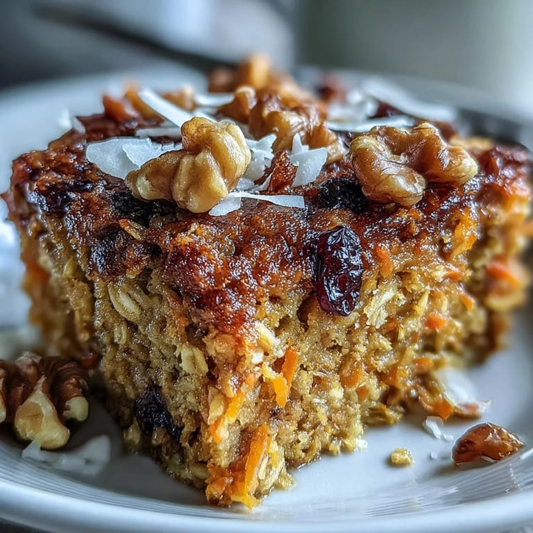 Hearty carrot cake baked oatmeal with walnuts, warm from the oven.