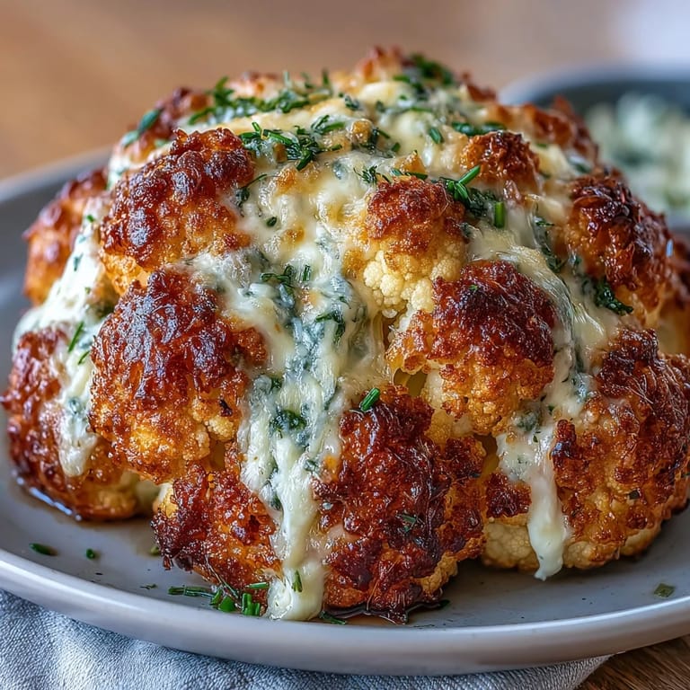 Fresh chives top the golden, bubbly Cheesy Stuffed Cauliflower Head, served warm as a vegetarian main or side.