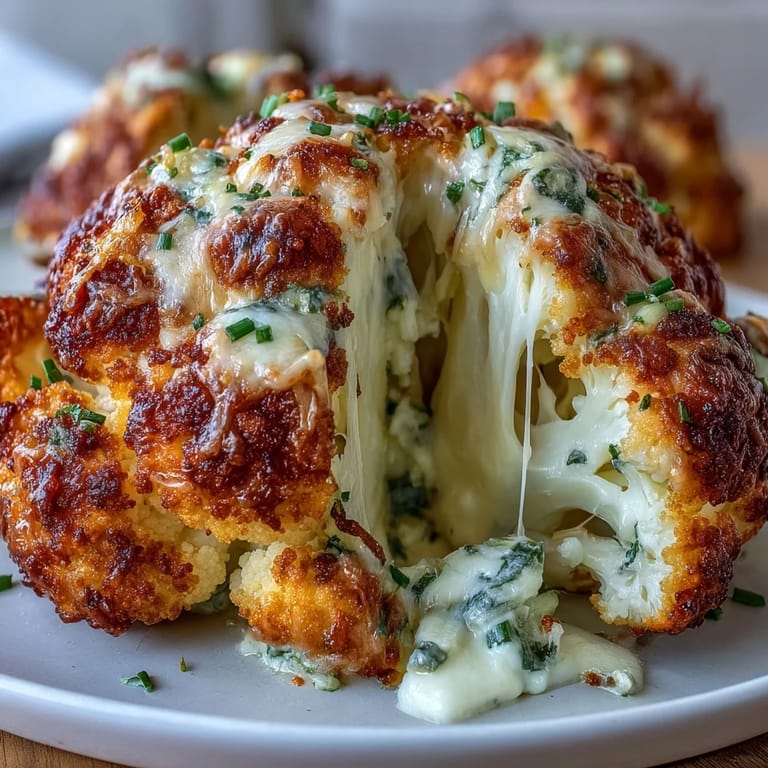 A cross-section view of the Cheesy Stuffed Cauliflower Head reveals its rich, molten cheese center.