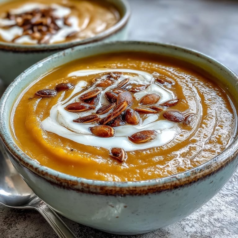 Vibrant orange butternut squash and apple soup garnished with thyme.