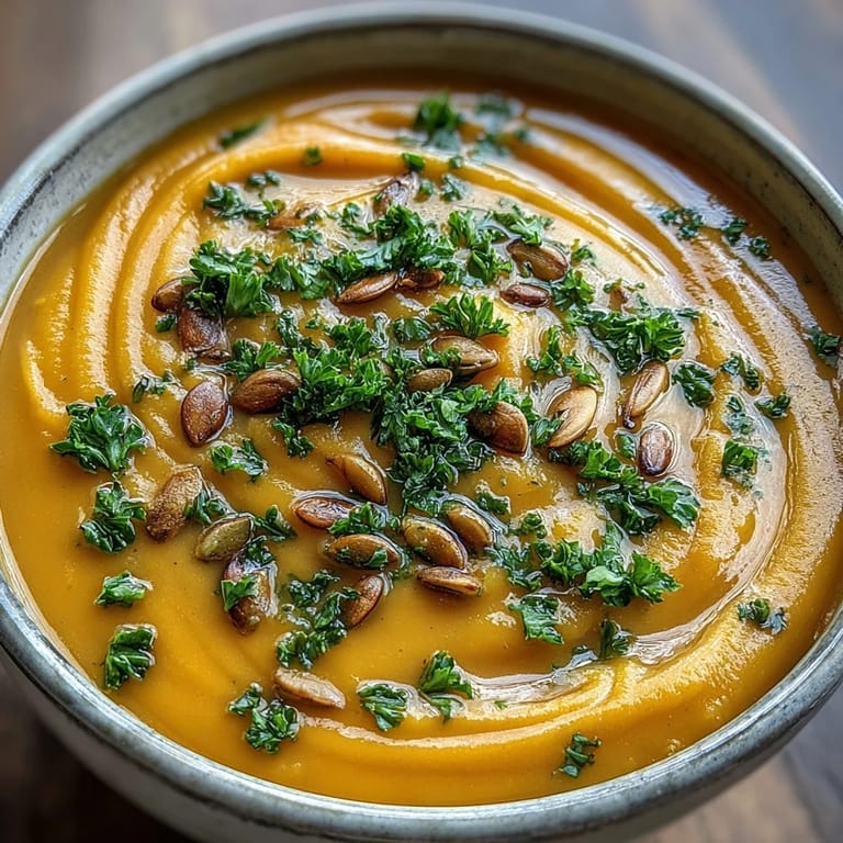 Vibrant orange and green roasted vegetable soup, simmering in a pot with a wooden spoon, ready to serve with crusty bread.  