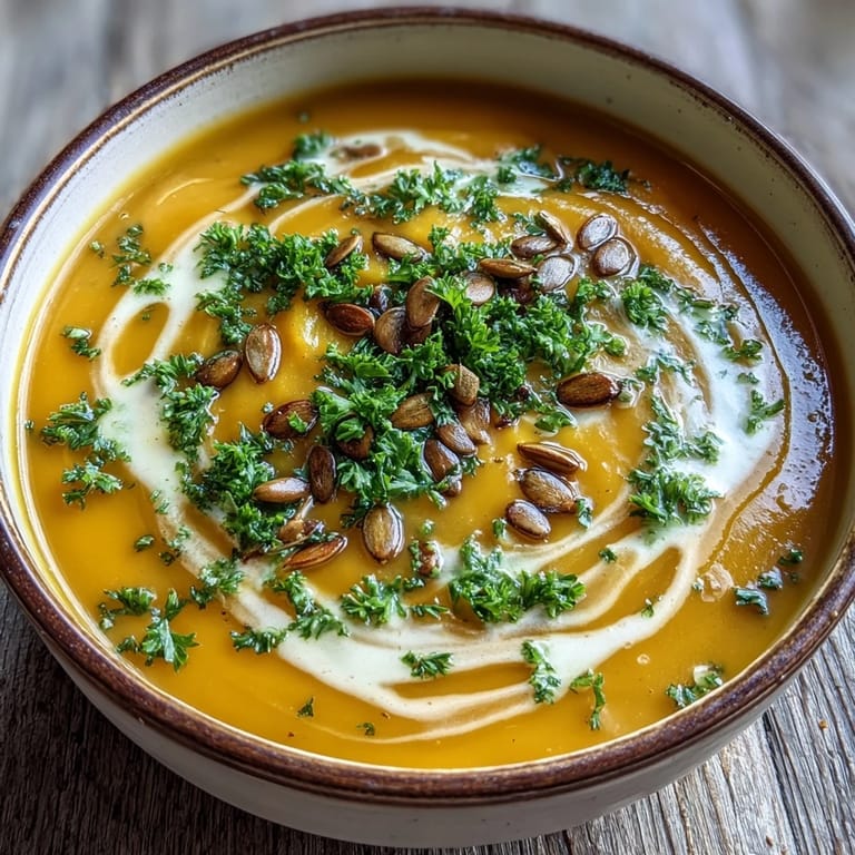 A bowl of velvety roasted broccoli and butternut squash soup, drizzled with coconut milk and topped with toasted pumpkin seeds.