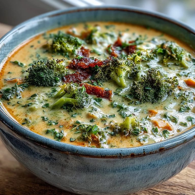 Rich Roasted Broccoli Cheddar Soup served hot with crusty bread for dipping.