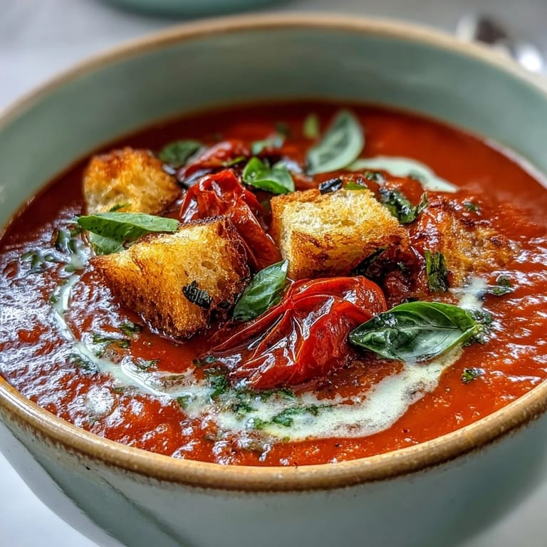 Warm bowl of Roasted Tomato Basil Soup served with croutons and a drizzle of heavy cream.