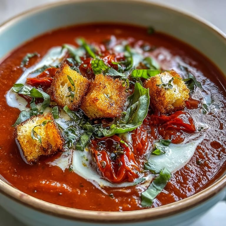 Roasted Tomato Basil Soup in a rustic Italian bowl with steam rising and colorful garnishes.