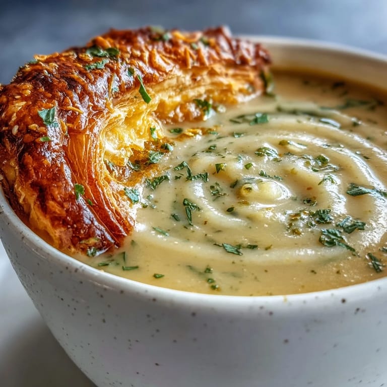 A close-up view of Creamy Broccoli and Butternut Squash Soup With Pastries, with steam rising from the velvety soup beside a perfectly baked, flaky pastry wedge.
