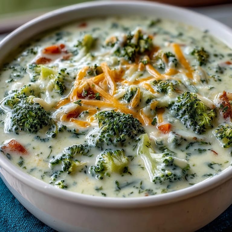 Velvety broccoli cheddar soup in a rustic ceramic bowl, garnished with fresh chives and accompanied by a golden grilled cheese sandwich.