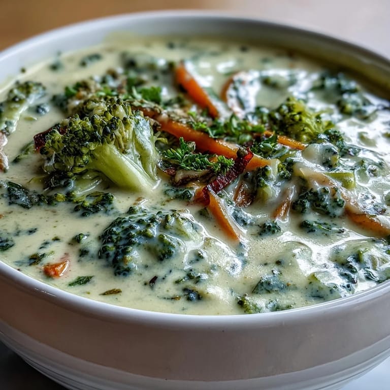 Comforting broccoli cheddar soup with shredded carrots and rich cheese, ready to serve on a chilly autumn evening with a side salad.