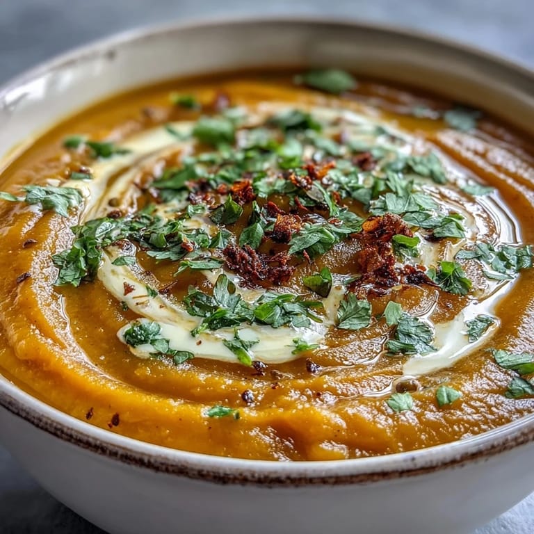 Creamy vegan butternut squash and lentil soup swirled with coconut cream beside warm crusty bread for dipping.