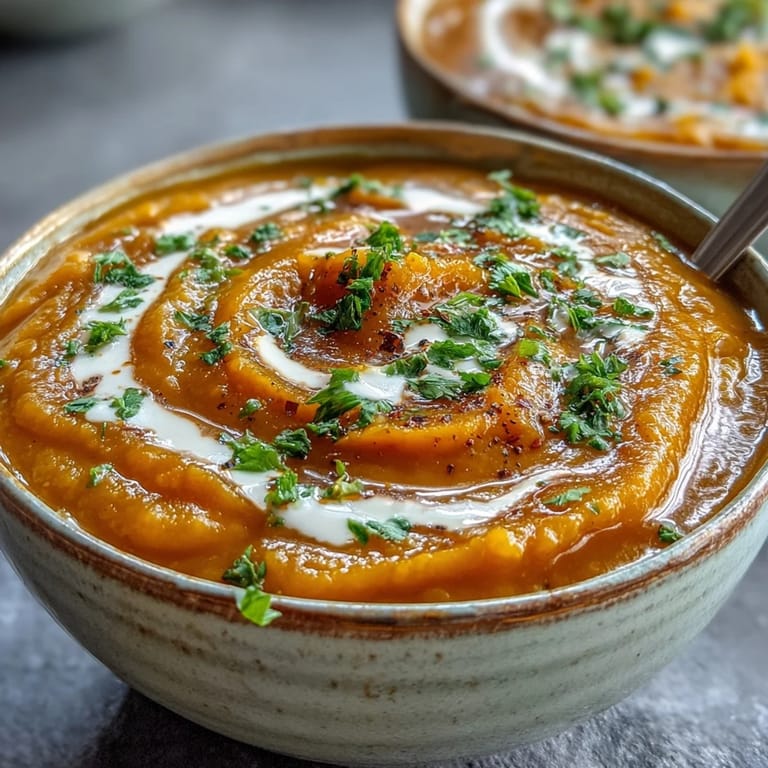 Warm butternut squash and lentil soup in a white bowl, topped with fresh herbs and a drizzle of olive oil.