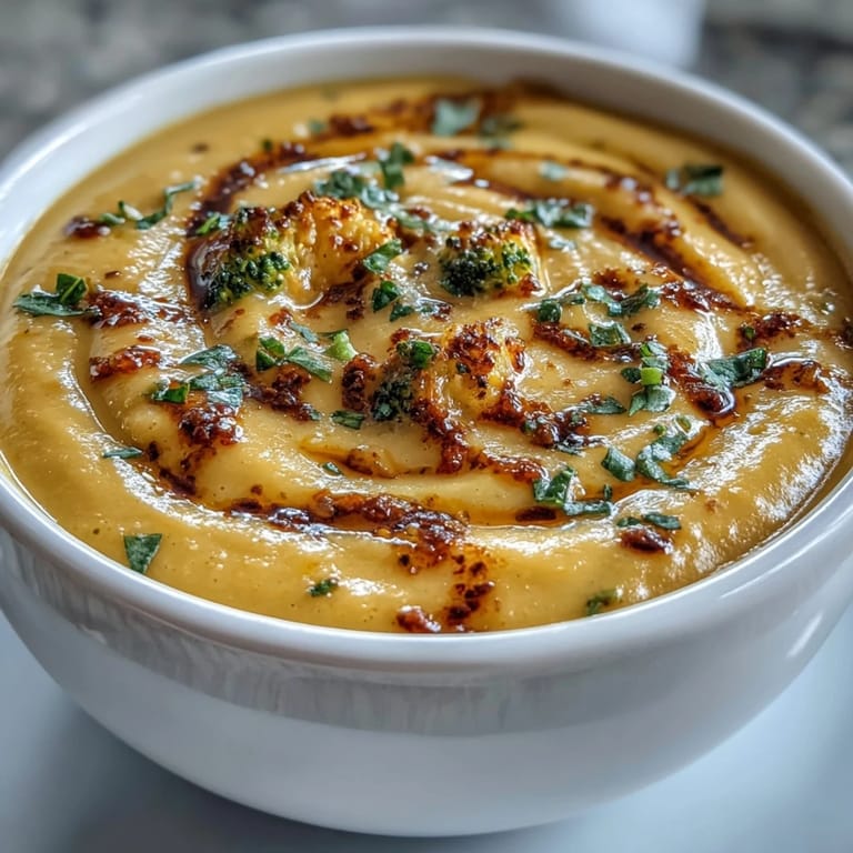 A ladle pouring rich butternut squash broccoli cheddar soup into a bowl, paired with crusty bread for dipping.