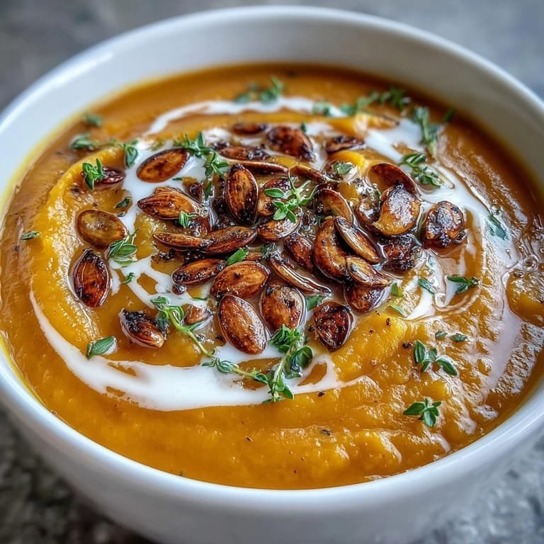 Deep orange Easy Roasted Butternut Squash Soup in a white ceramic bowl, garnished with thyme and pumpkin seeds.