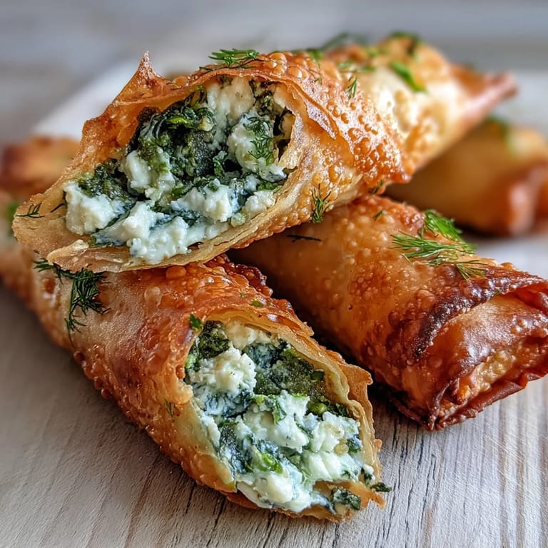 Freshly fried Spanakopita Spring Rolls reveal a green spinach and feta filling inside the torn wrapper.