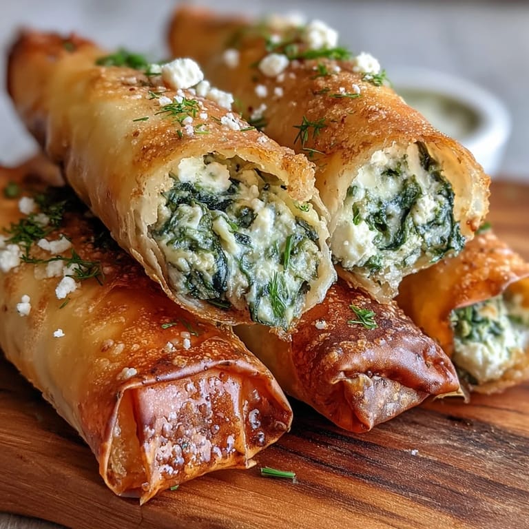 Piled high on a platter, these golden Spanakopita Spring Rolls are ready to be enjoyed with lemon wedges.