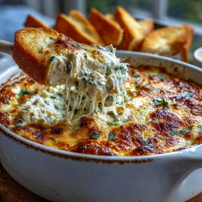 Freshly baked Cilantro and Lime Chicken dip scooped onto a golden corn chip with cilantro garnish.