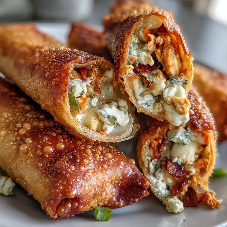 A platter of golden Buffalo Chicken Egg Rolls arranged on parchment paper, featuring celery sticks and blue cheese dip for a game day snack.