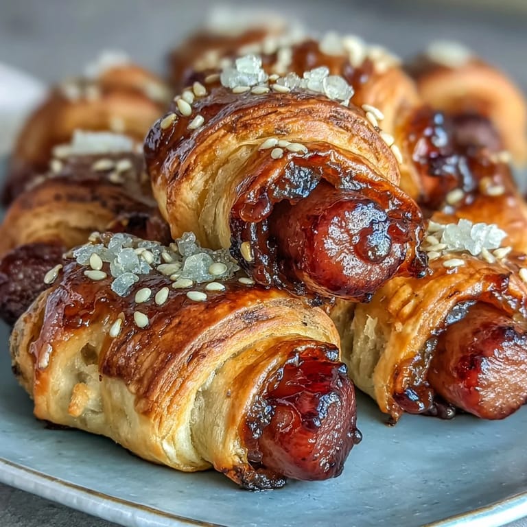 Close-up of a halved Pepper Jelly Hogs in a Blanket, revealing a juicy mini sausage wrapped in buttery, puffed pastry.