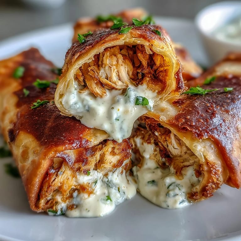 Freshly baked Mini Chicken Chimis with Jalapeño Cream Cheese stacked on a plate with green onions and a drizzle of sauce.