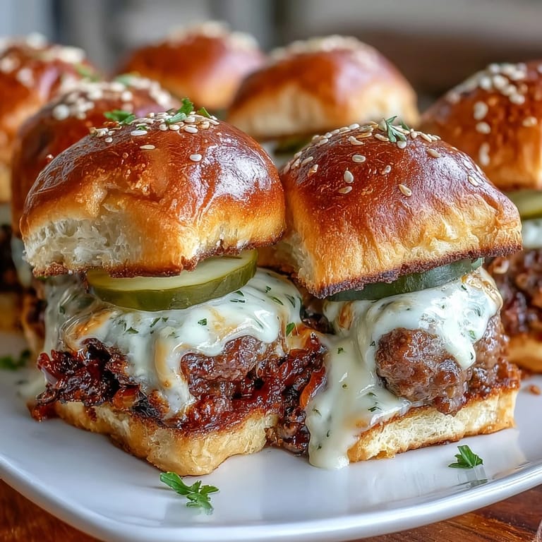 Twelve savory Touchdown Brat Sliders arranged on a platter with dill pickles, ready for a game day feast.
